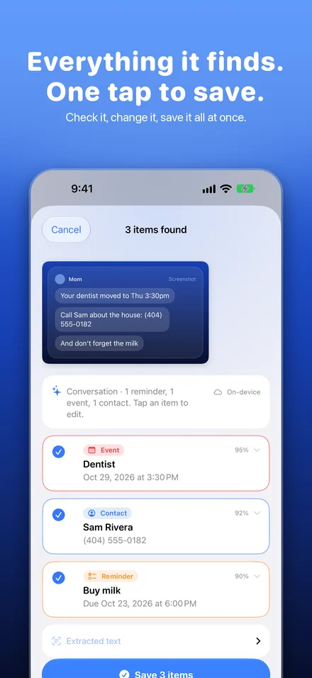 The review screen, where you check every item before saving